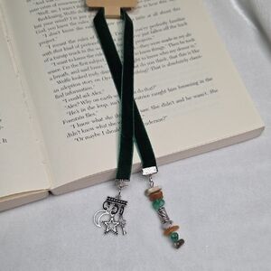 Handmade Dark Green Velvet Ribbon Orange Green Beaded Bookmark Silver Moon Star